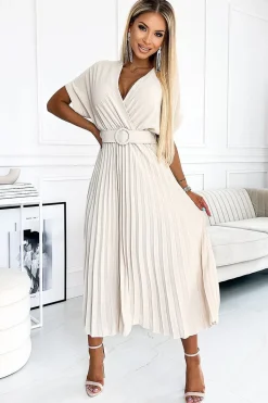 Robe beige casual midi plissée