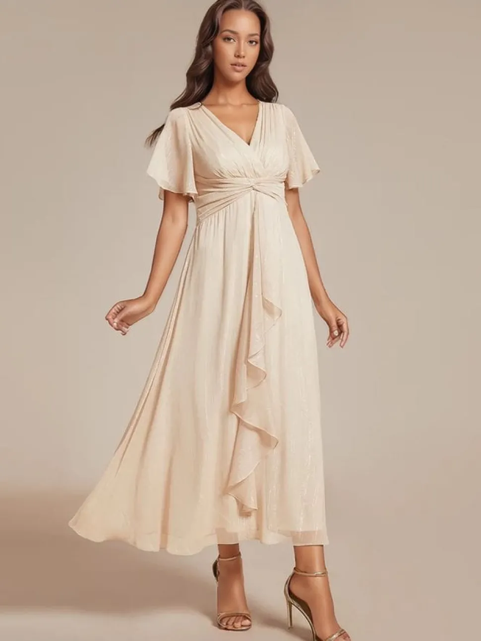 Robe beige midi pour invitée au mariage