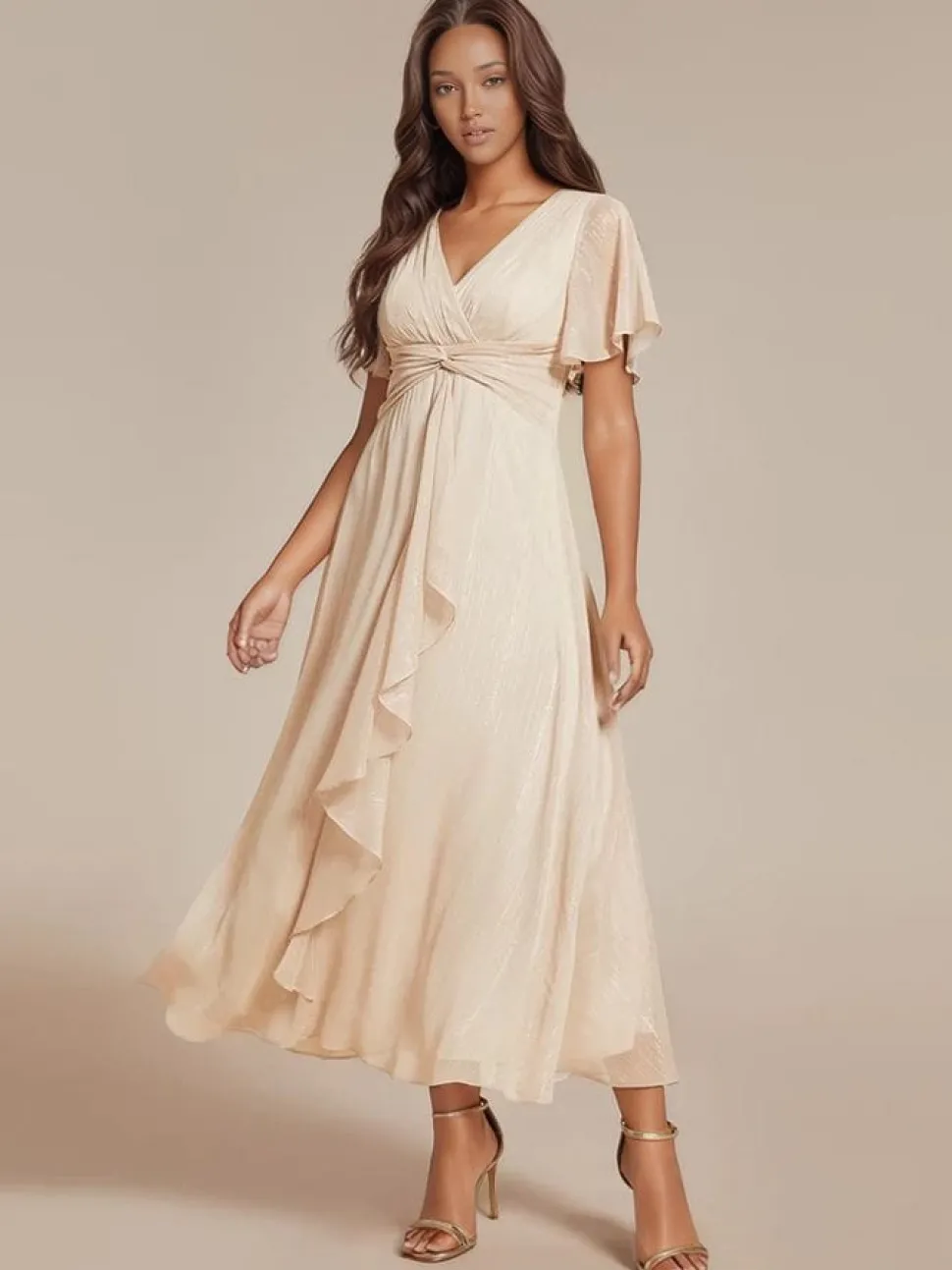 Robe beige midi pour invitée au mariage