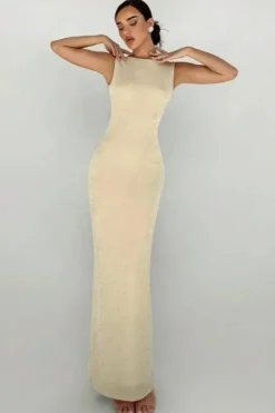 Robe beige moulante longue dos nu