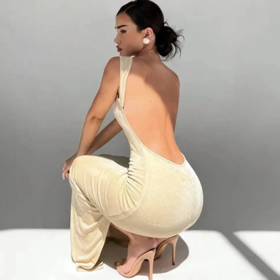 Robe beige moulante longue dos nu