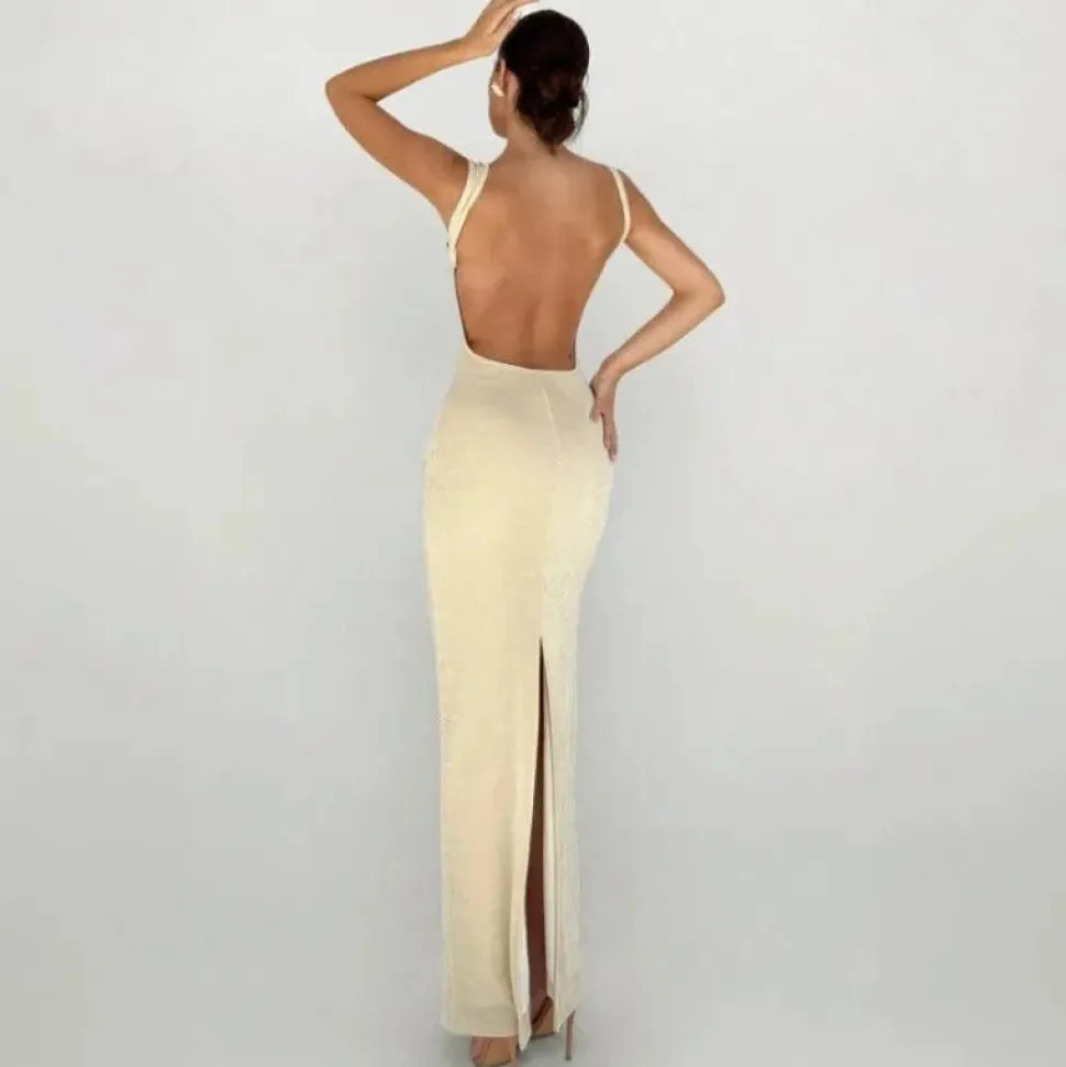 Robe beige moulante longue dos nu