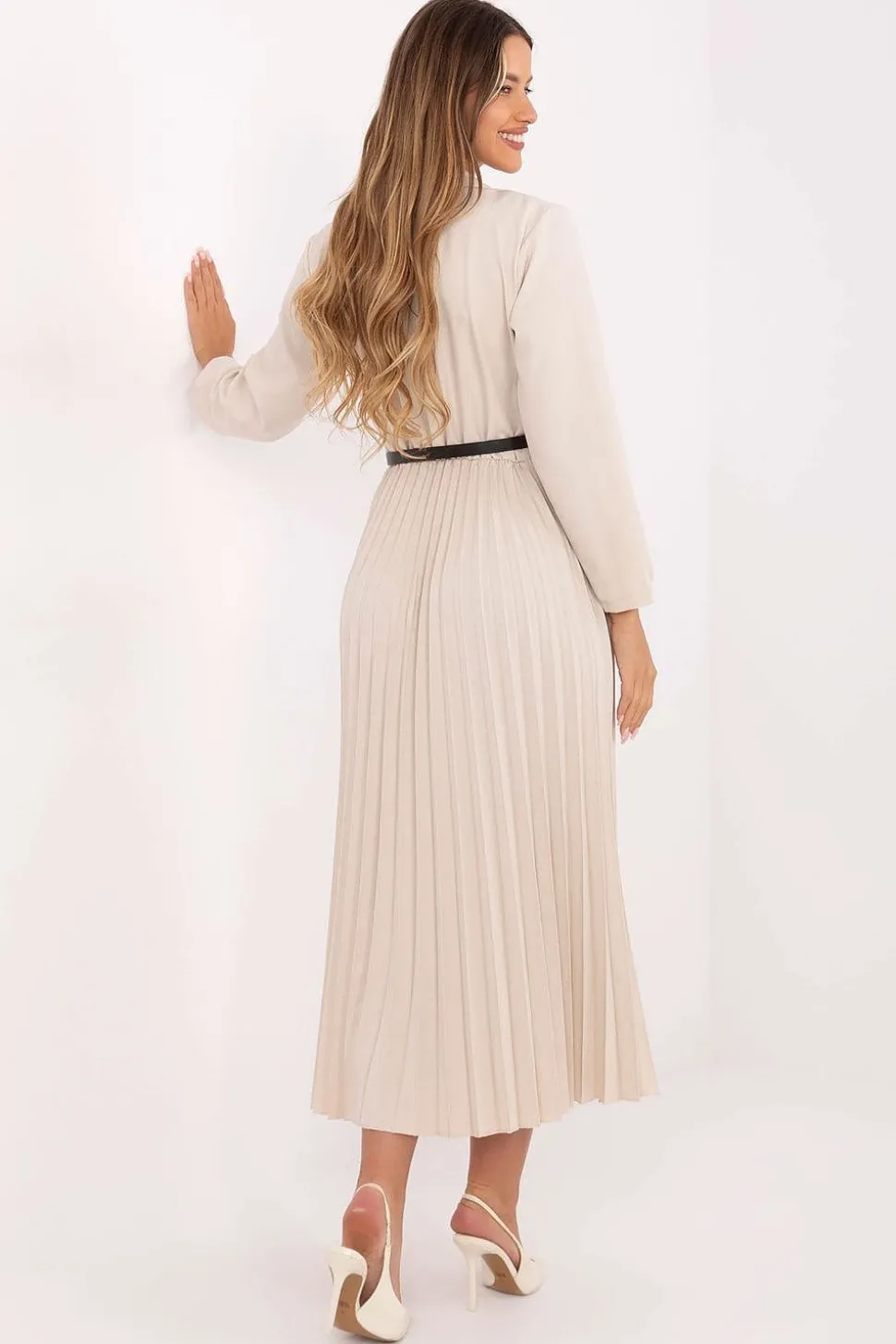 Robe blazer beige midi plissée manches longues