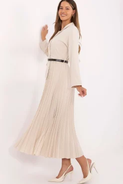 Robe blazer beige midi plissée manches longues