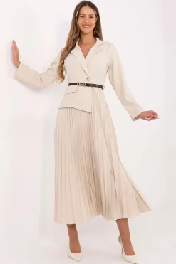 Robe blazer beige midi plissée manches longues