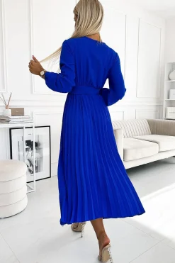 Robe bleue électrique plissée manche longue