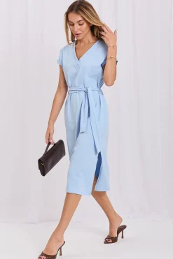 Robe bleue midi casual manches courtes ceinturée