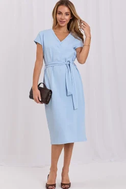 Robe bleue midi casual manches courtes ceinturée