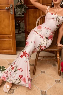 Robe bodycon longue motif floral et bretelles fines