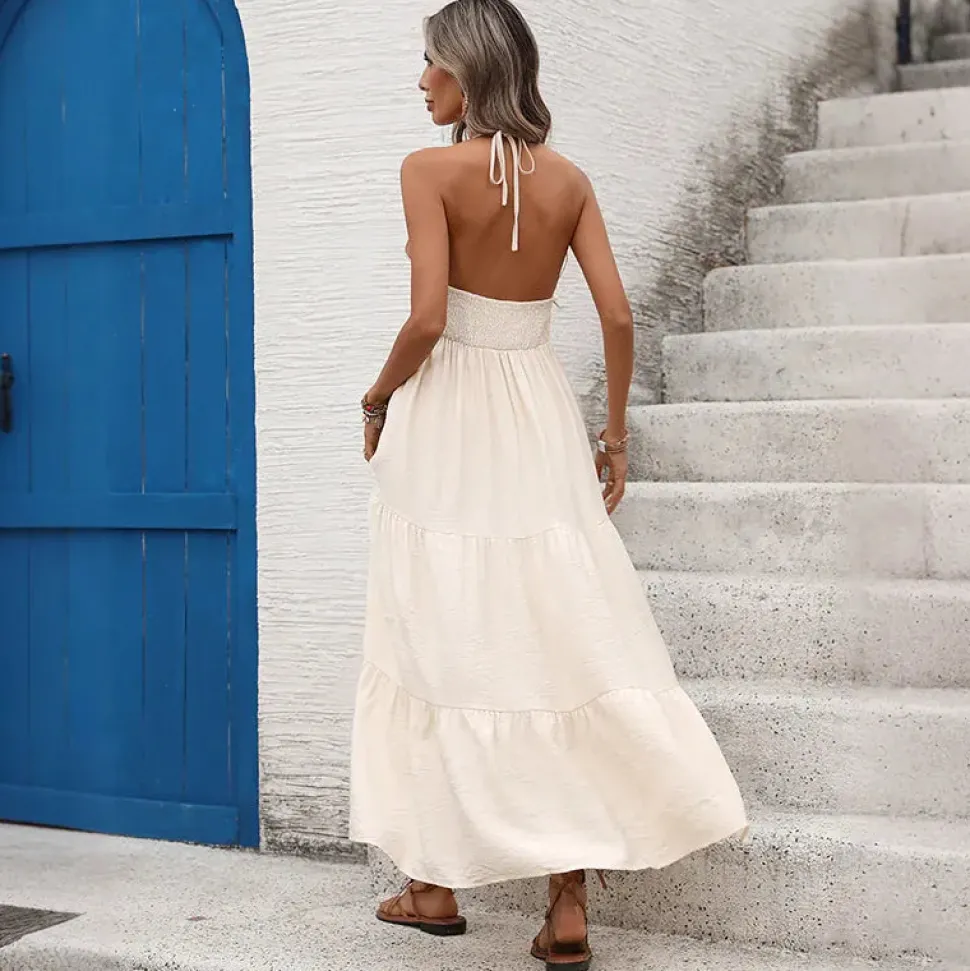 Robe bohème beige longue avec décor de coquillages