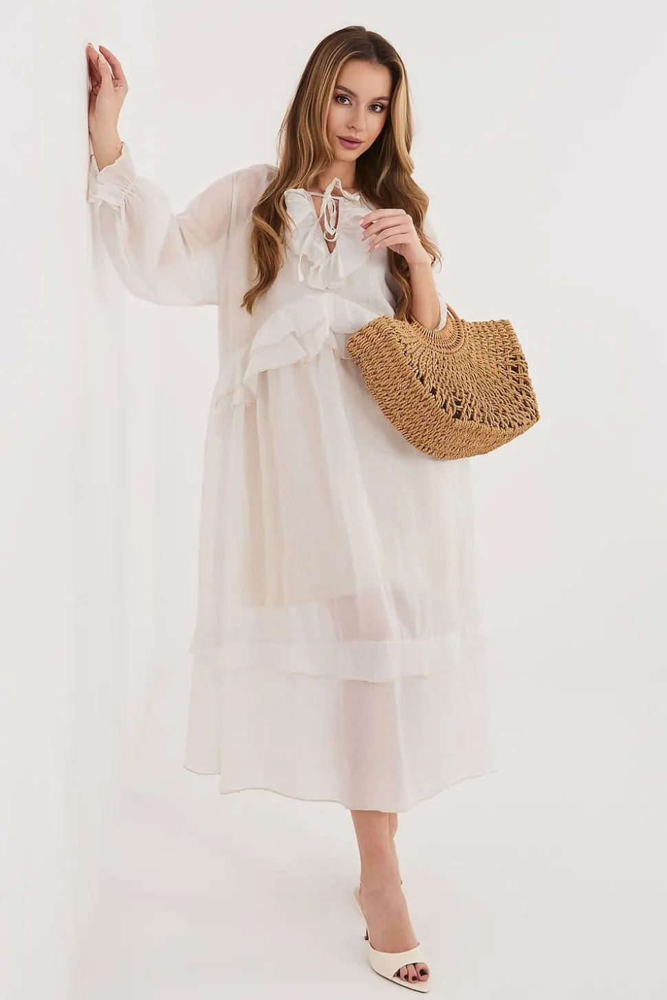 Robe bohème blanche longue manches longues