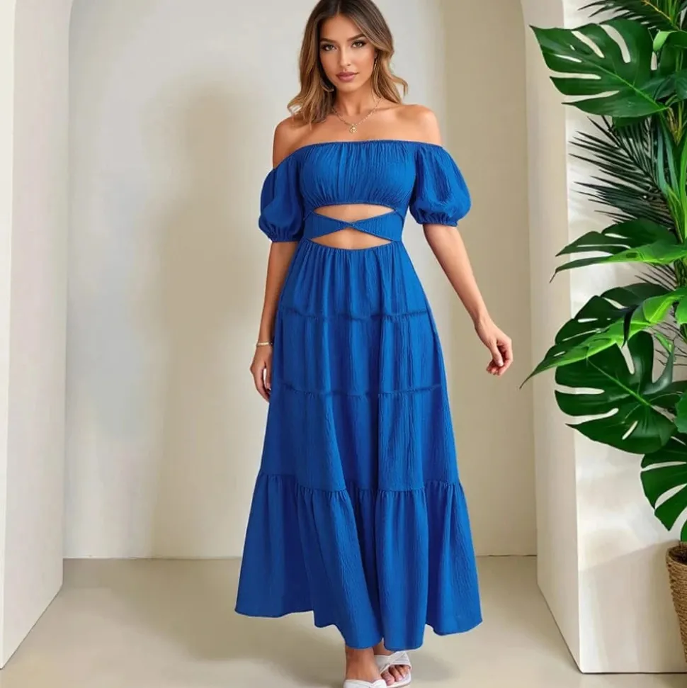 Robe bohème bleue épaules dénudées