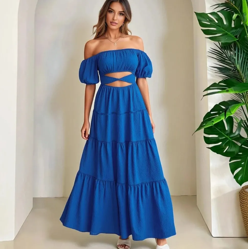 Robe bohème bleue épaules dénudées