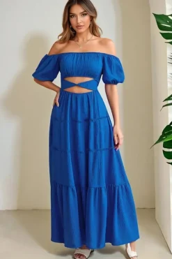 Robe bohème bleue épaules dénudées