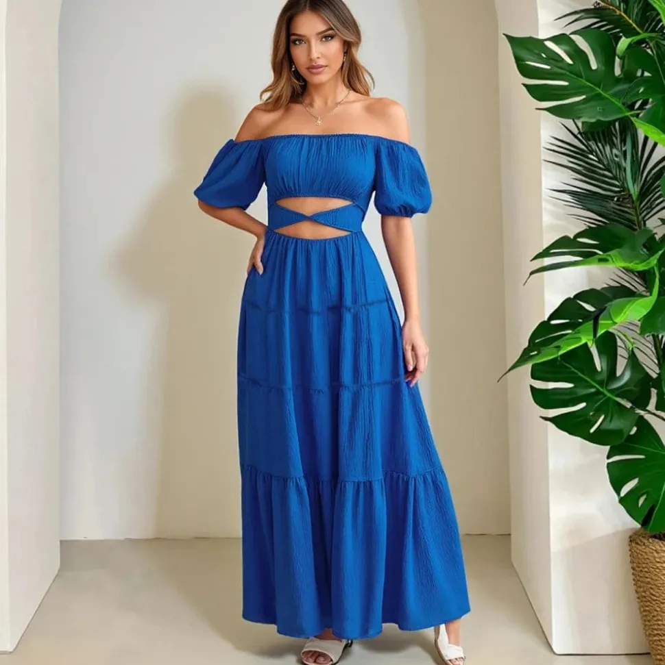 Robe bohème bleue épaules dénudées