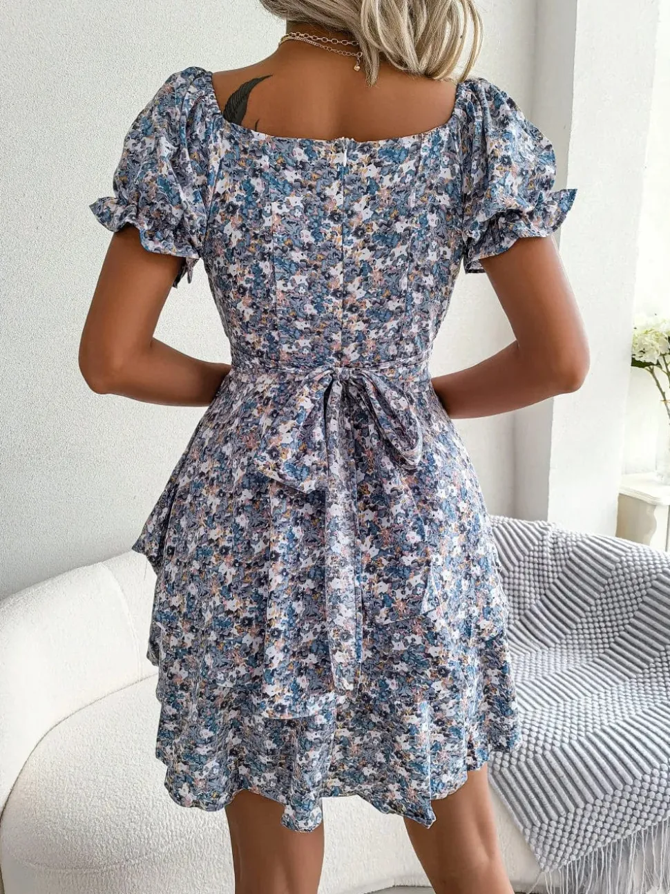Robe bohème courte fleurie bleue