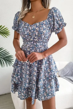 Robe bohème courte fleurie bleue