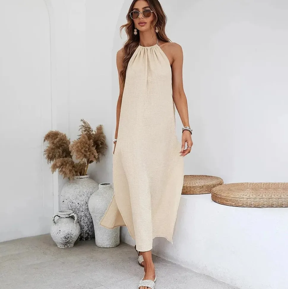 Robe bohème dos nu beige fendue