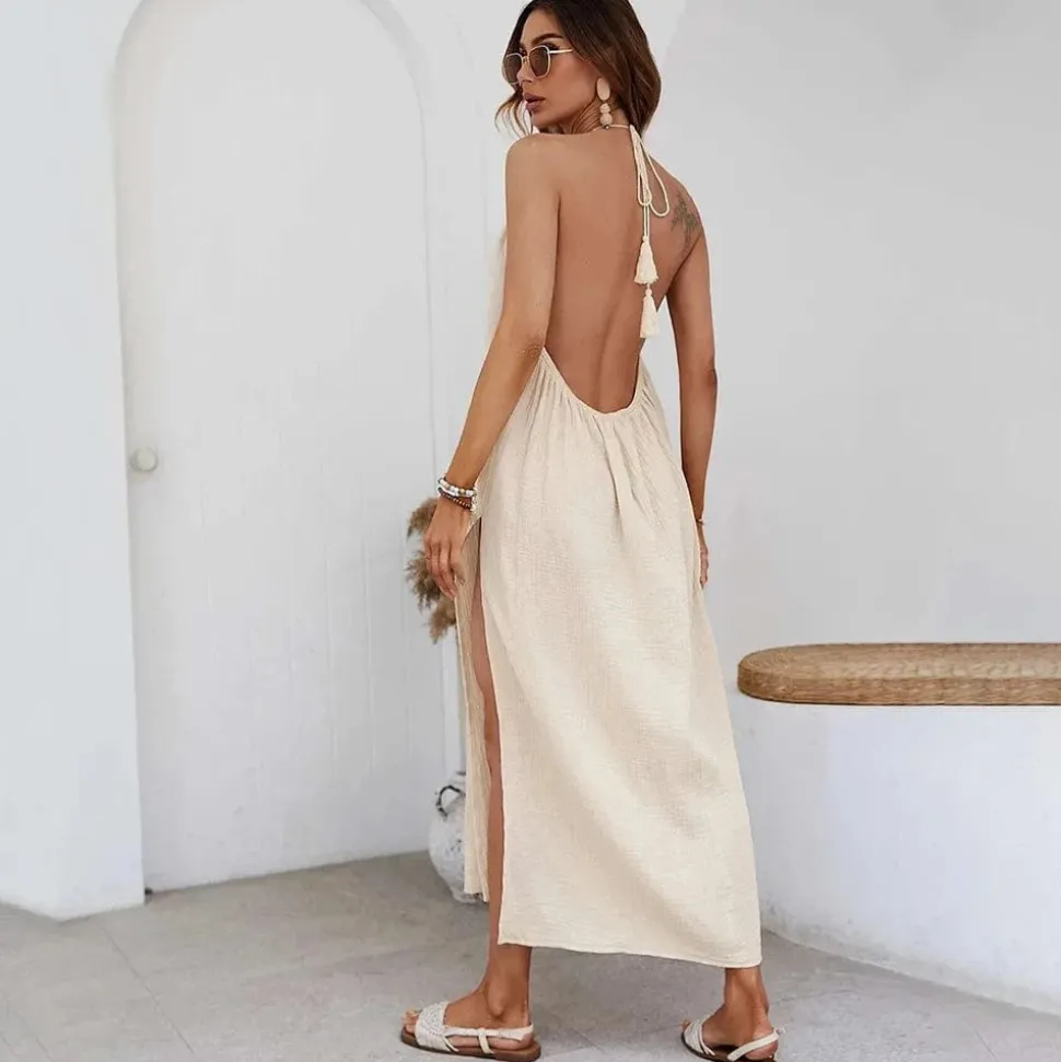 Robe bohème dos nu beige fendue