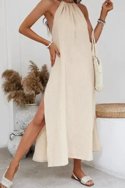 Robe bohème dos nu beige fendue
