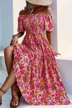 Robe bohème fleurie fendue épaules dénudées