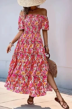 Robe bohème fleurie fendue épaules dénudées
