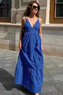 Robe bohème longue bleue col en V