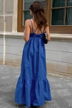 Robe bohème longue bleue col en V