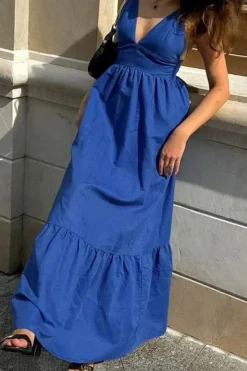 Robe bohème longue bleue col en V