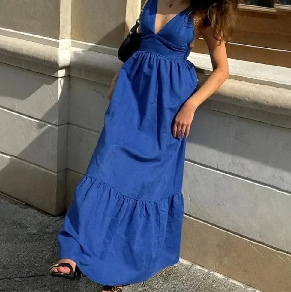 Robe bohème longue bleue col en V