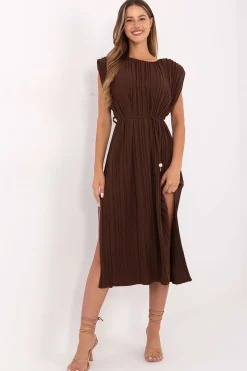 Robe bohème marron midi plissée fendue