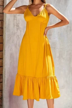 Robe bohème midi jaune à bretelles fines