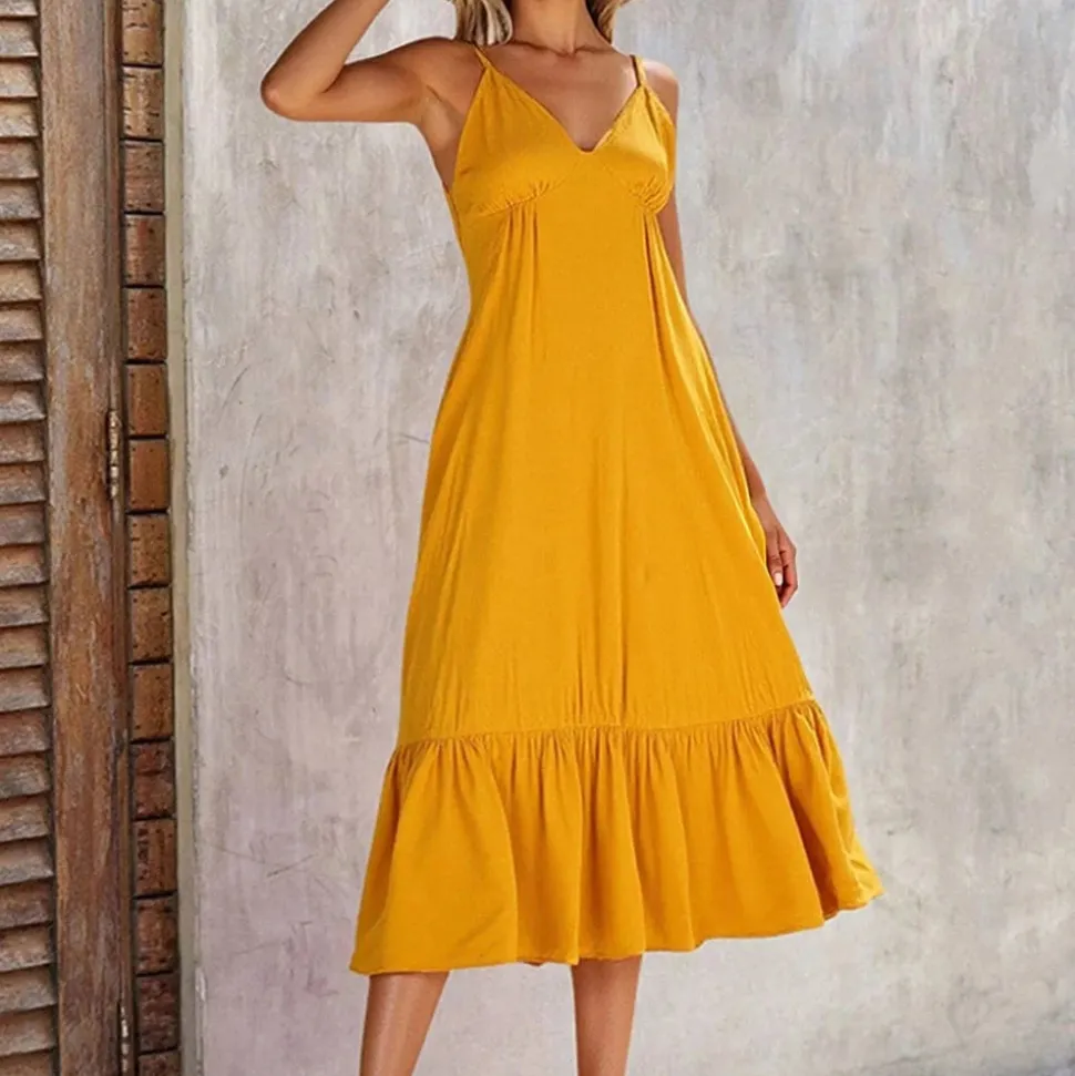 Robe bohème midi jaune à bretelles fines