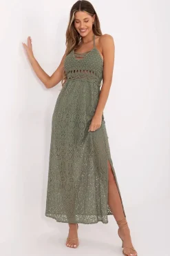 Robe bohème verte longue fendue en dentelle