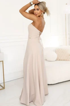 Robe bustier beige longue fendue