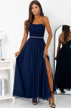 Robe bustier bleue longue fendue