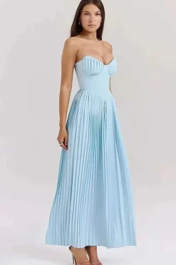 Robe bustier bleue plissée longue