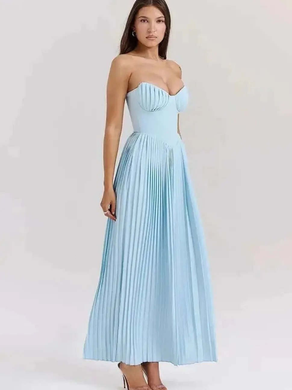 Robe bustier bleue plissée longue