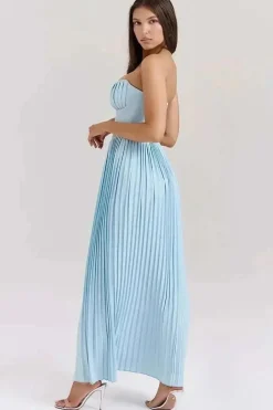 Robe bustier bleue plissée longue