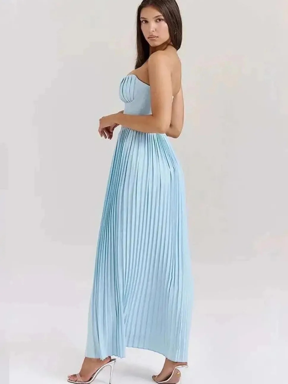 Robe bustier bleue plissée longue
