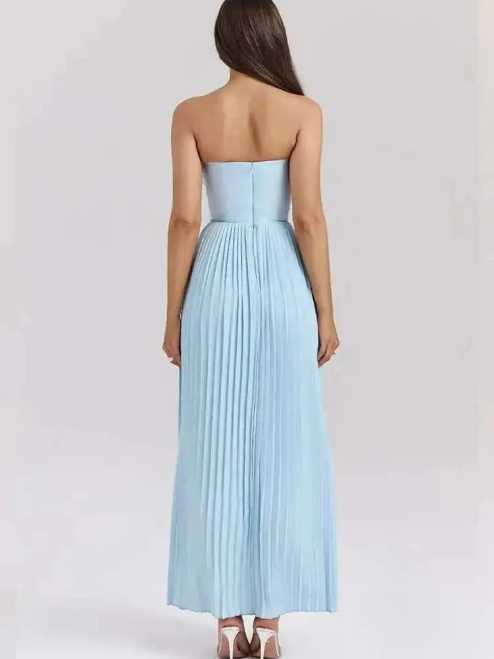 Robe bustier bleue plissée longue