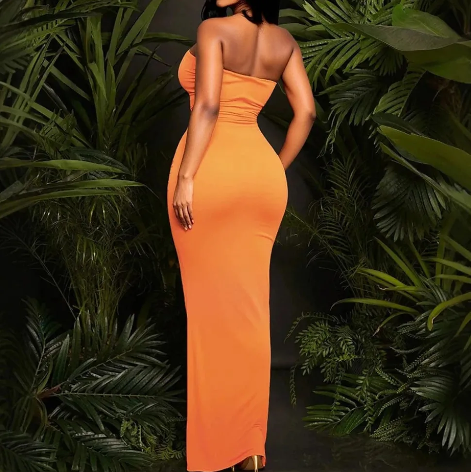 Robe bustier longue orange fendue