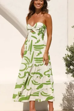 Robe bustier motifs verts midi évasée