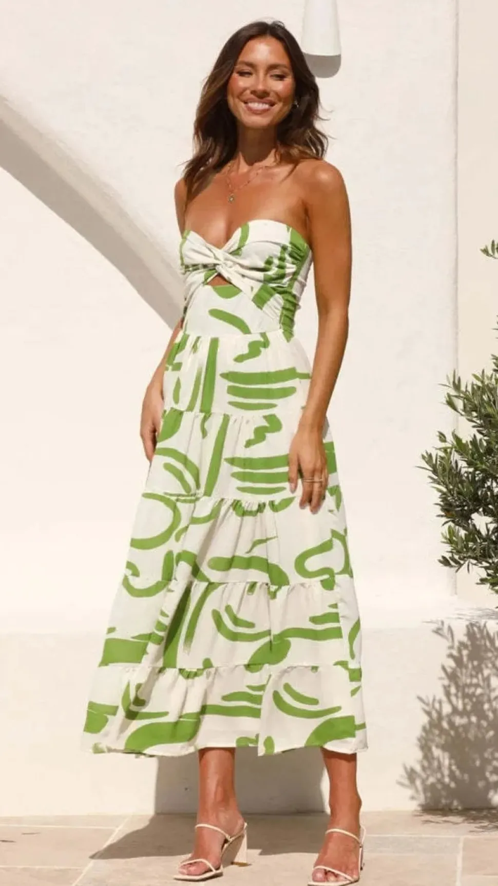 Robe bustier motifs verts midi évasée