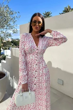 Robe casual fleurie rose manches longues