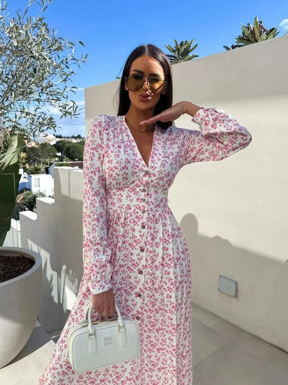 Robe casual fleurie rose manches longues