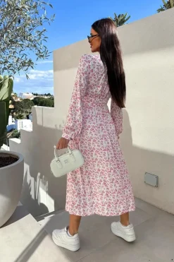 Robe casual fleurie rose manches longues