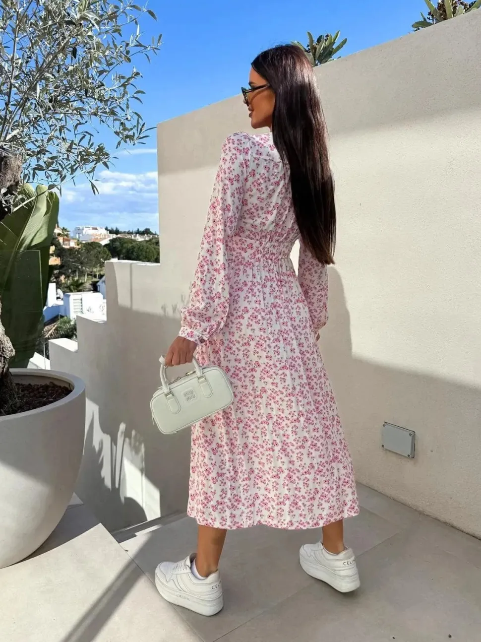 Robe casual fleurie rose manches longues