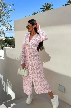 Robe casual fleurie rose manches longues