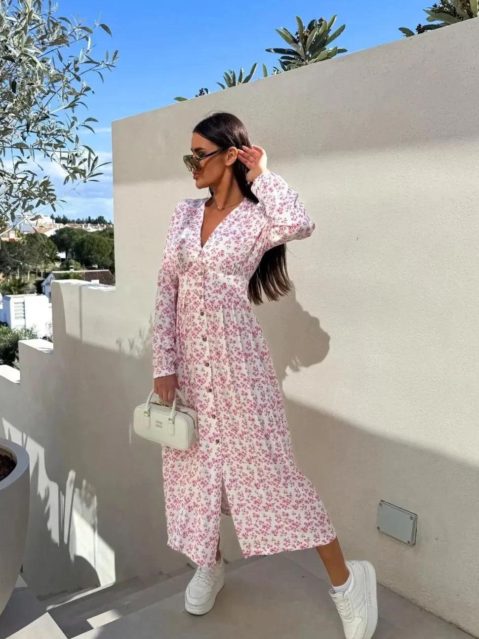 Robe casual fleurie rose manches longues